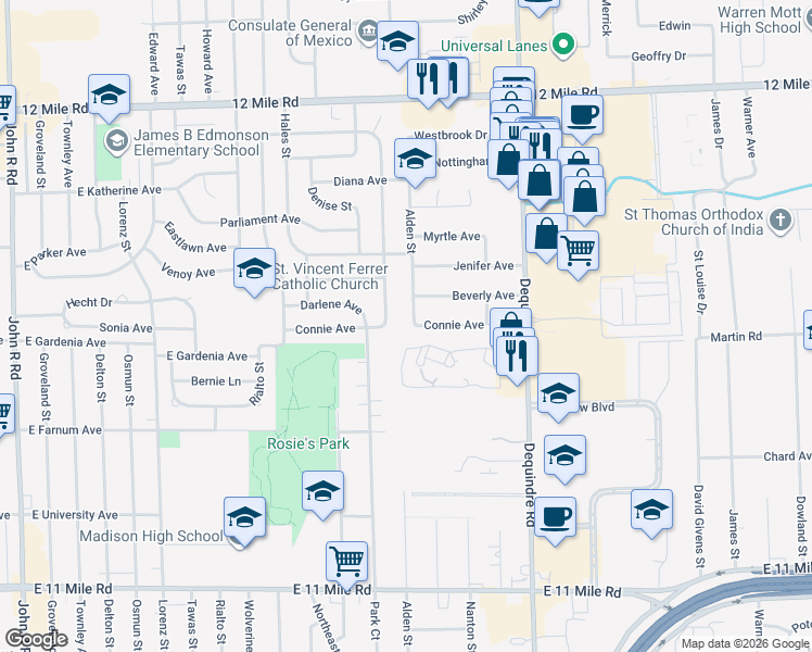 map of restaurants, bars, coffee shops, grocery stores, and more near 1514 Connie Avenue in Madison Heights