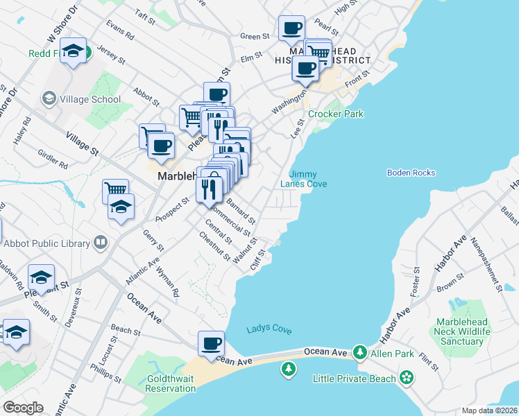 map of restaurants, bars, coffee shops, grocery stores, and more near 39 Barnard Street in Marblehead