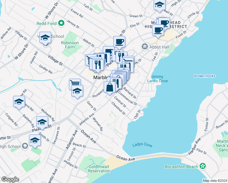 map of restaurants, bars, coffee shops, grocery stores, and more near 59 Atlantic Avenue in Marblehead