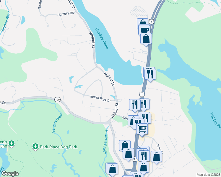 map of restaurants, bars, coffee shops, grocery stores, and more near 57 Walnut Street in Saugus