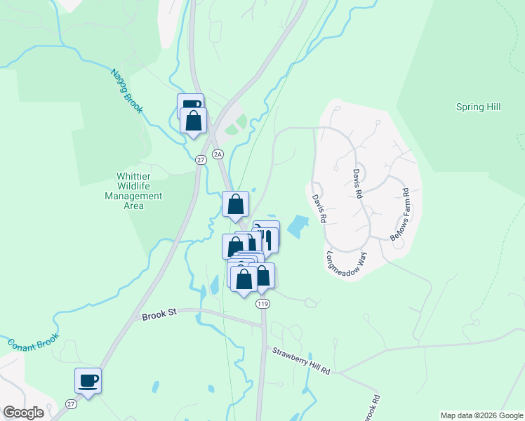 map of restaurants, bars, coffee shops, grocery stores, and more near 9 Davis Road in Acton
