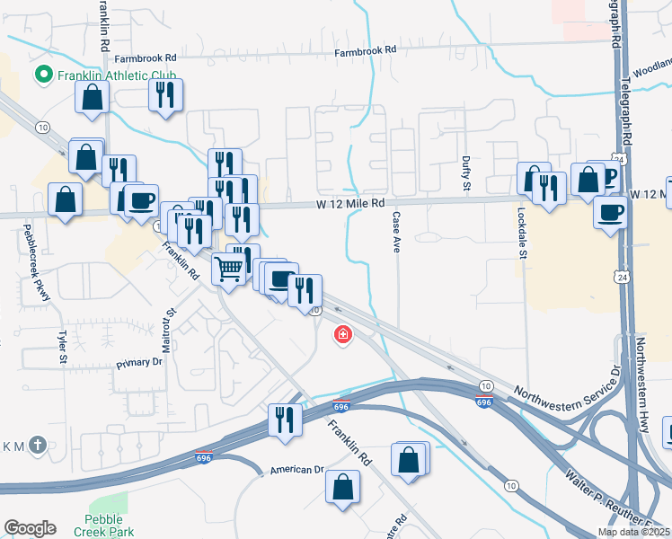 map of restaurants, bars, coffee shops, grocery stores, and more near 28500 Northwestern Highway in Southfield