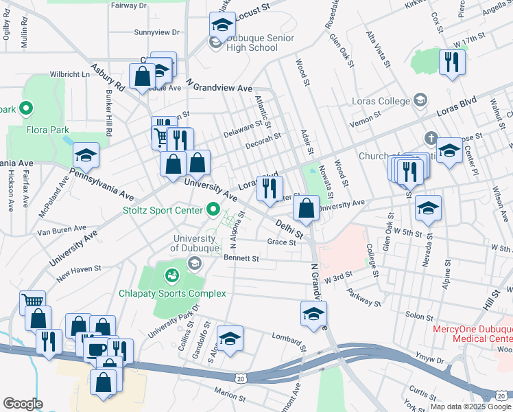 map of restaurants, bars, coffee shops, grocery stores, and more near 1150 North Algona Street in Dubuque