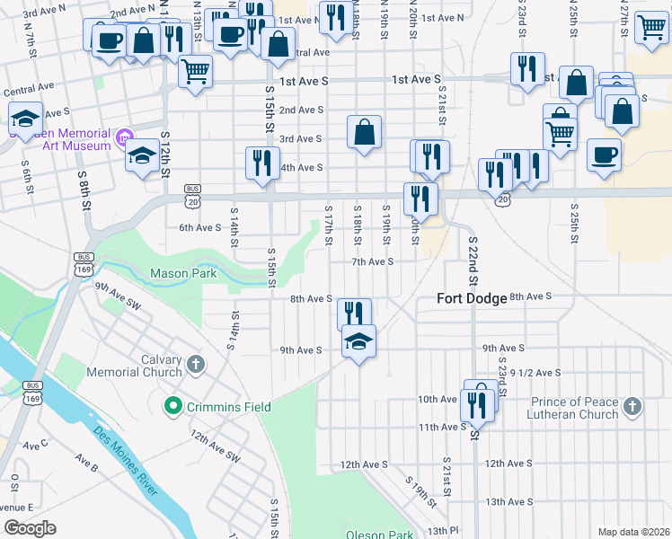 map of restaurants, bars, coffee shops, grocery stores, and more near 701-799 S 17th St in Fort Dodge