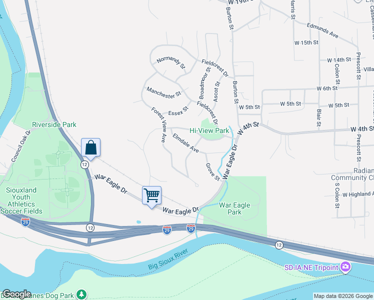 map of restaurants, bars, coffee shops, grocery stores, and more near 100-298 Oakland St in Sioux City