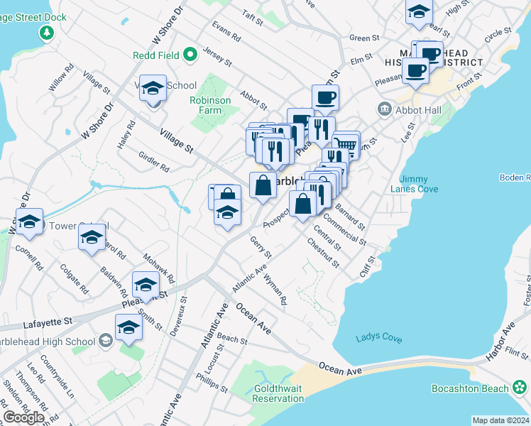 map of restaurants, bars, coffee shops, grocery stores, and more near 43 Rowland Street in Marblehead