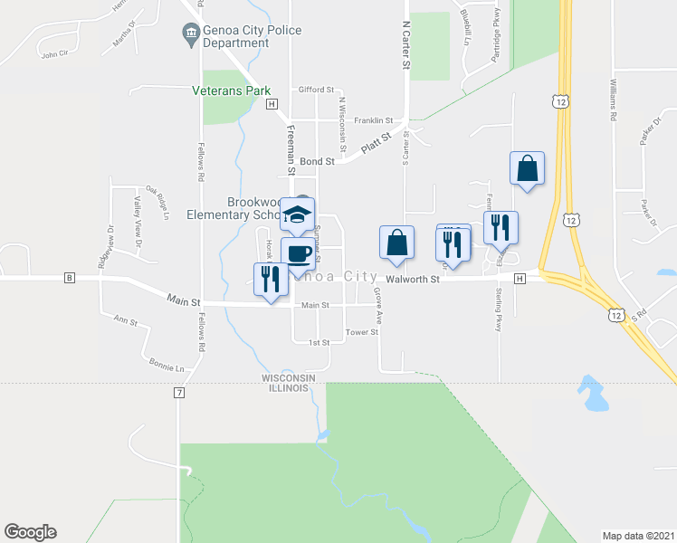 map of restaurants, bars, coffee shops, grocery stores, and more near 502 Walworth Street in Genoa City