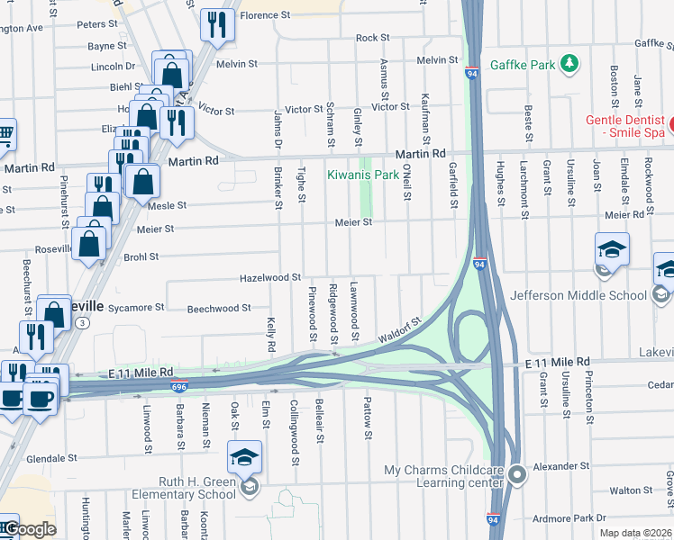 map of restaurants, bars, coffee shops, grocery stores, and more near 27352 Ridgewood Street in Roseville