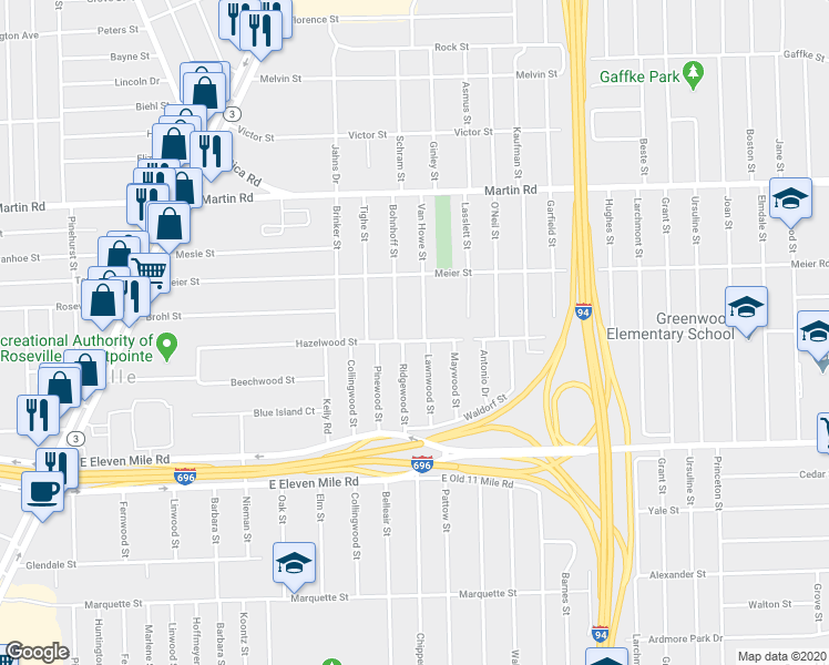 map of restaurants, bars, coffee shops, grocery stores, and more near 19021 Hazelwood Street in Roseville