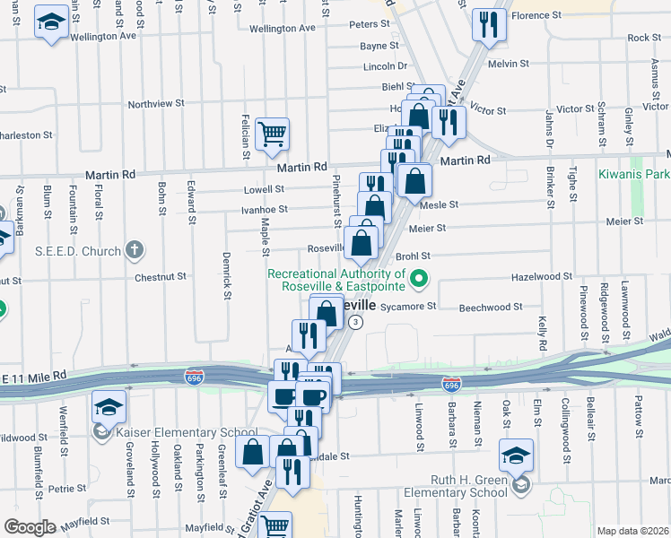 map of restaurants, bars, coffee shops, grocery stores, and more near 27337 Pinehurst Street in Roseville