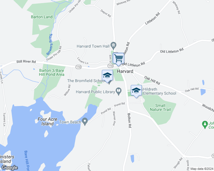 map of restaurants, bars, coffee shops, grocery stores, and more near 14 Mass Avenue in Harvard