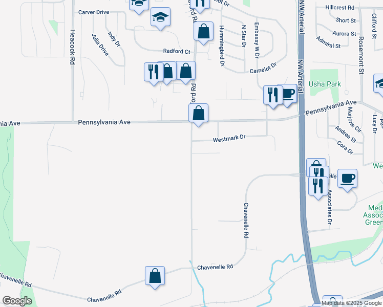 map of restaurants, bars, coffee shops, grocery stores, and more near 1401 Radford Road in Dubuque