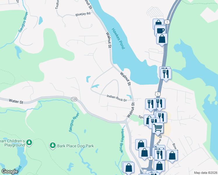map of restaurants, bars, coffee shops, grocery stores, and more near 25 Indian Rock Drive in Saugus