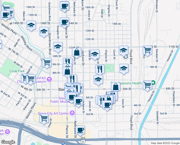 map of restaurants, bars, coffee shops, grocery stores, and more near 801 8th Street in Sioux City