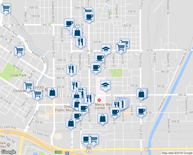 map of restaurants, bars, coffee shops, grocery stores, and more near 801 8th St in Sioux City
