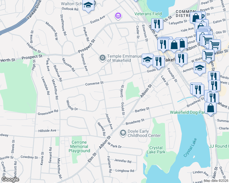 map of restaurants, bars, coffee shops, grocery stores, and more near 6 Highland Avenue in Wakefield