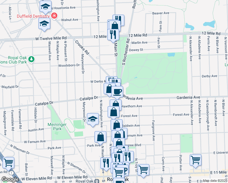 map of restaurants, bars, coffee shops, grocery stores, and more near 943 North Main Street in Royal Oak