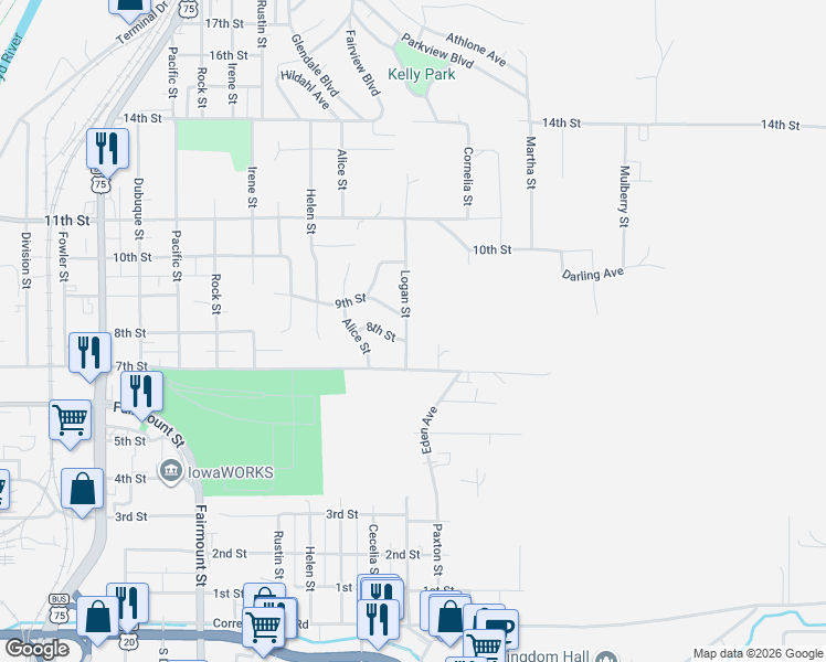 map of restaurants, bars, coffee shops, grocery stores, and more near 700-798 Logan Street in Sioux City