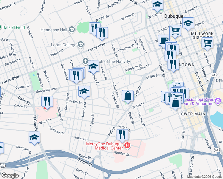 map of restaurants, bars, coffee shops, grocery stores, and more near 600-798 Roberts Street in Dubuque