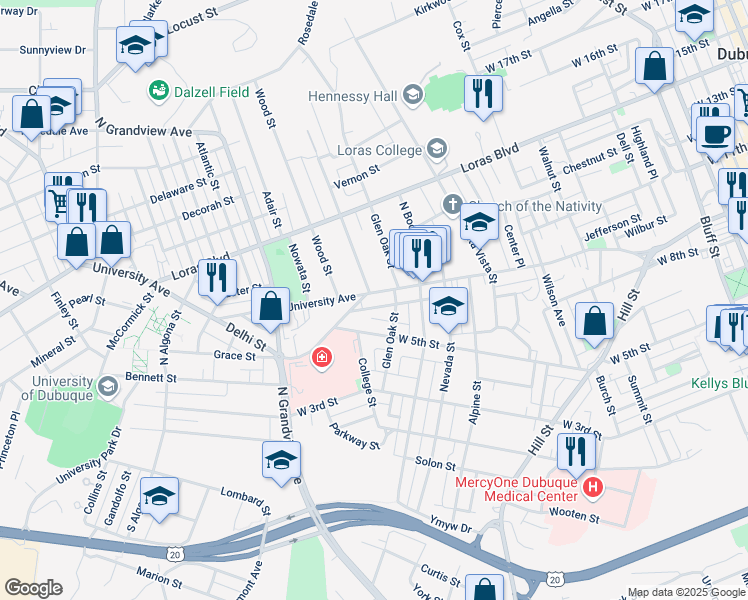 map of restaurants, bars, coffee shops, grocery stores, and more near 1365 West 5th Street in Dubuque