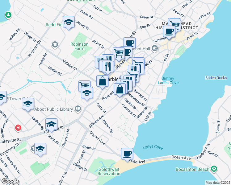 map of restaurants, bars, coffee shops, grocery stores, and more near 58 Prospect Street in Marblehead