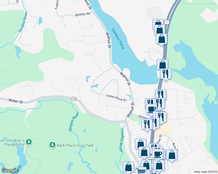 map of restaurants, bars, coffee shops, grocery stores, and more near 25 Indian Rock Drive in Saugus