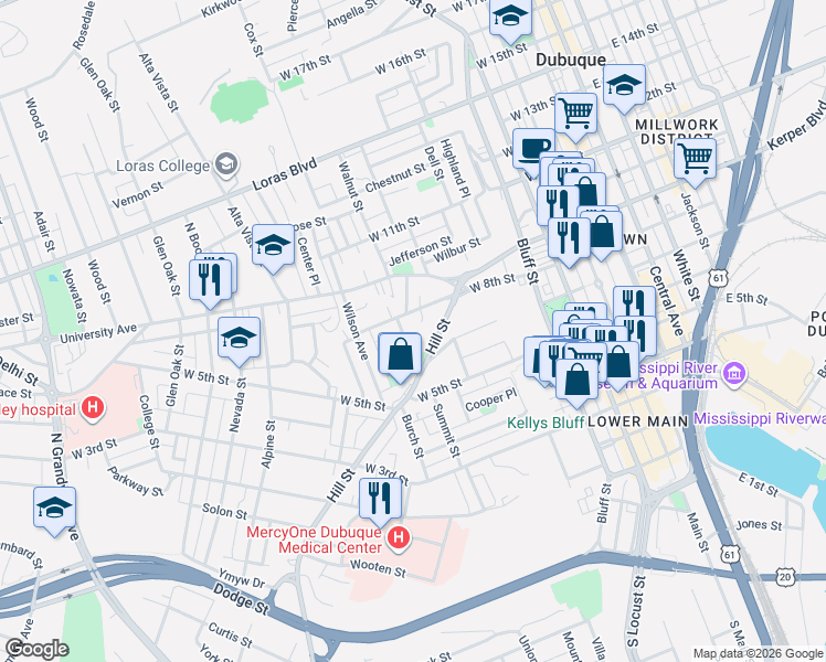 map of restaurants, bars, coffee shops, grocery stores, and more near 685 Hill Street in Dubuque