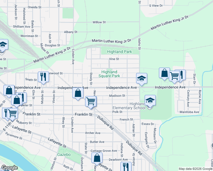 map of restaurants, bars, coffee shops, grocery stores, and more near 1056 Independence Avenue in Waterloo