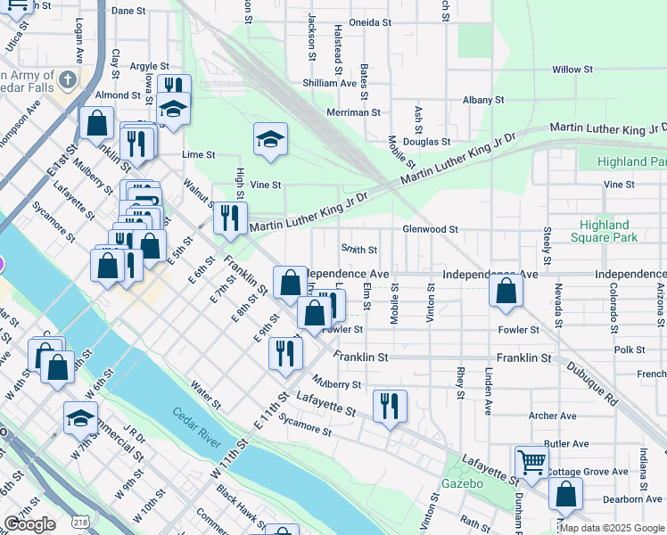 map of restaurants, bars, coffee shops, grocery stores, and more near 310 Independence Avenue in Waterloo