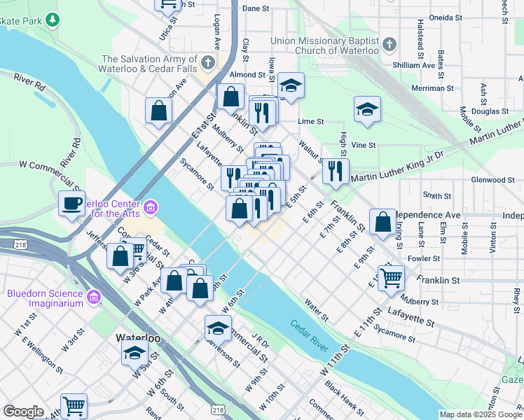 map of restaurants, bars, coffee shops, grocery stores, and more near 607 Sycamore Street in Waterloo