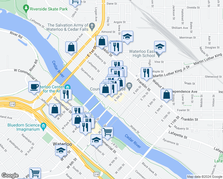 map of restaurants, bars, coffee shops, grocery stores, and more near 607 Sycamore Street in Waterloo