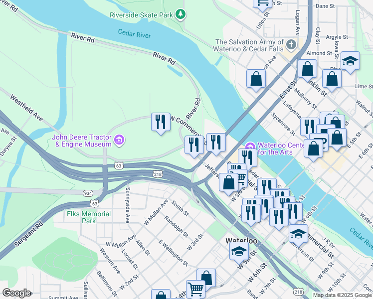 map of restaurants, bars, coffee shops, grocery stores, and more near in Waterloo