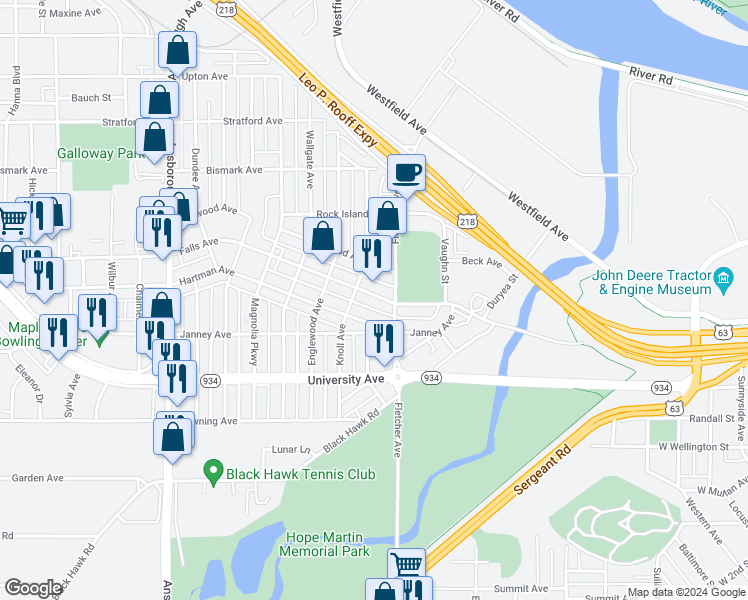 map of restaurants, bars, coffee shops, grocery stores, and more near 136 Hartman Avenue in Waterloo