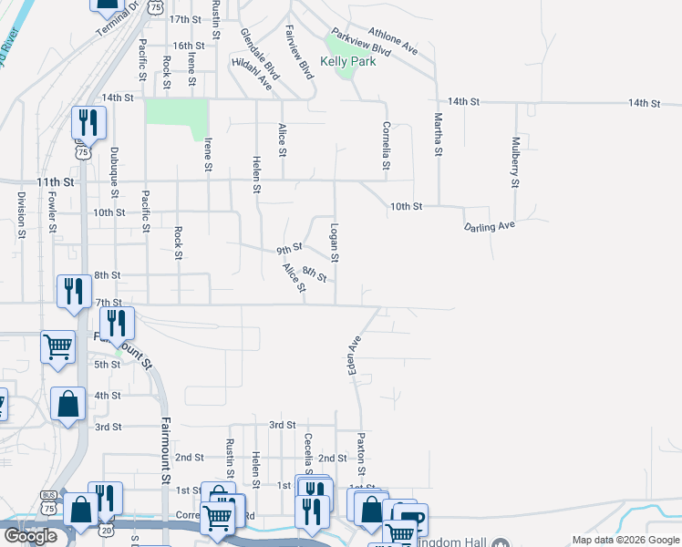 map of restaurants, bars, coffee shops, grocery stores, and more near 700-798 Logan Street in Sioux City