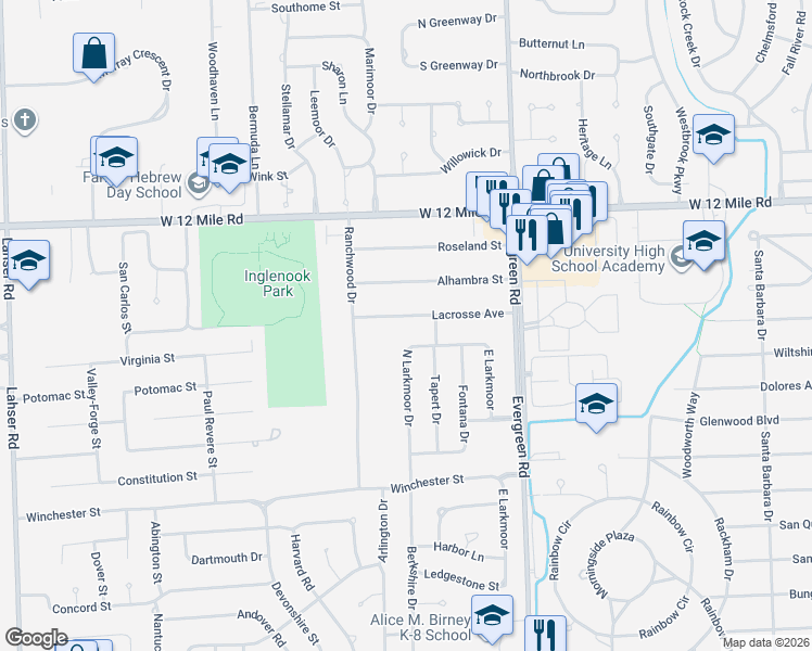 map of restaurants, bars, coffee shops, grocery stores, and more near 20325 North Larkmoor Drive in Southfield