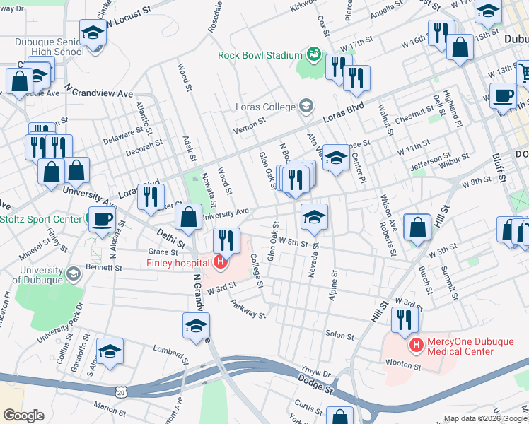 map of restaurants, bars, coffee shops, grocery stores, and more near 1365 West 5th Street in Dubuque