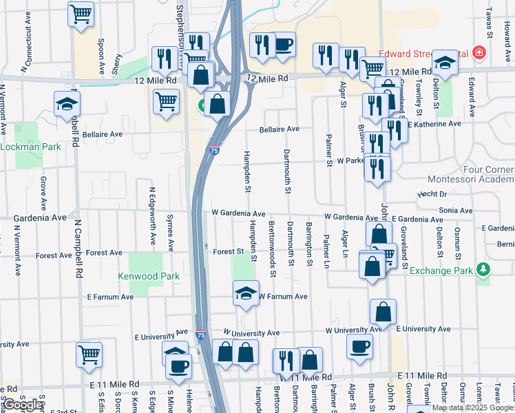 map of restaurants, bars, coffee shops, grocery stores, and more near 747 West Gardenia Avenue in Madison Heights