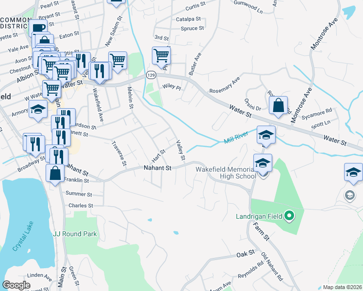map of restaurants, bars, coffee shops, grocery stores, and more near 84 Valley Street in Wakefield
