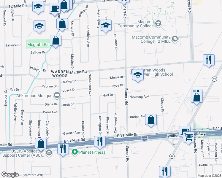 map of restaurants, bars, coffee shops, grocery stores, and more near 14134 Joyce Drive in Warren