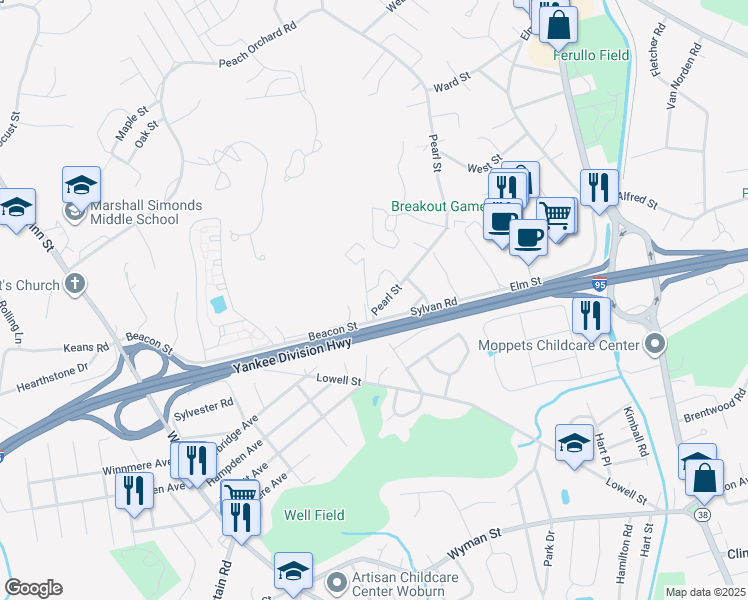 map of restaurants, bars, coffee shops, grocery stores, and more near 2 Westgate Drive in Woburn