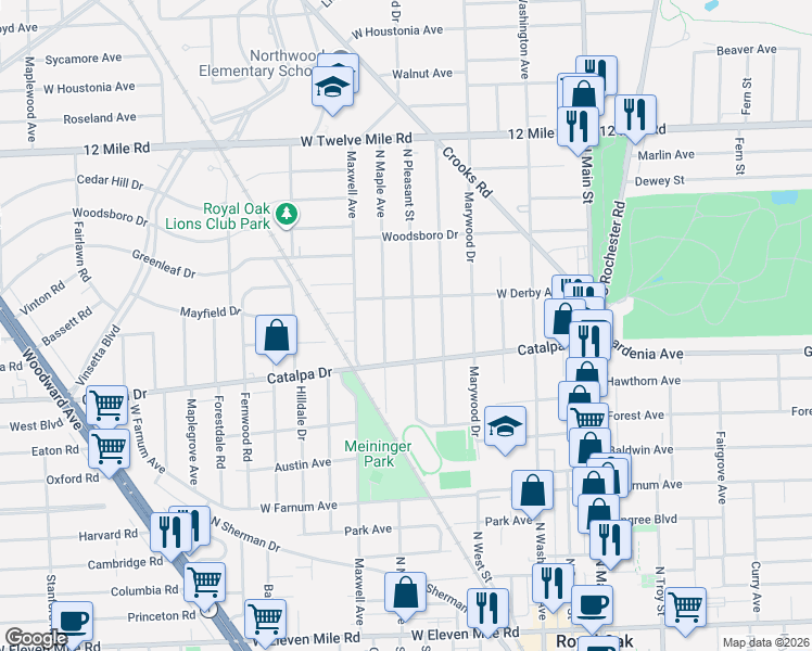 map of restaurants, bars, coffee shops, grocery stores, and more near 1016 North Maple Avenue in Royal Oak