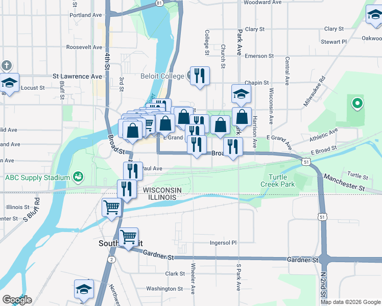 map of restaurants, bars, coffee shops, grocery stores, and more near 598 Broad Street in Beloit