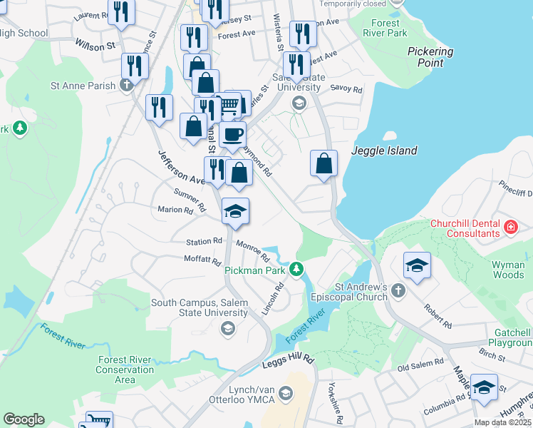 map of restaurants, bars, coffee shops, grocery stores, and more near 71 Loring Avenue in Salem