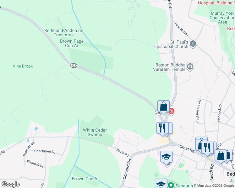map of restaurants, bars, coffee shops, grocery stores, and more near 94 Carlisle Road in Bedford