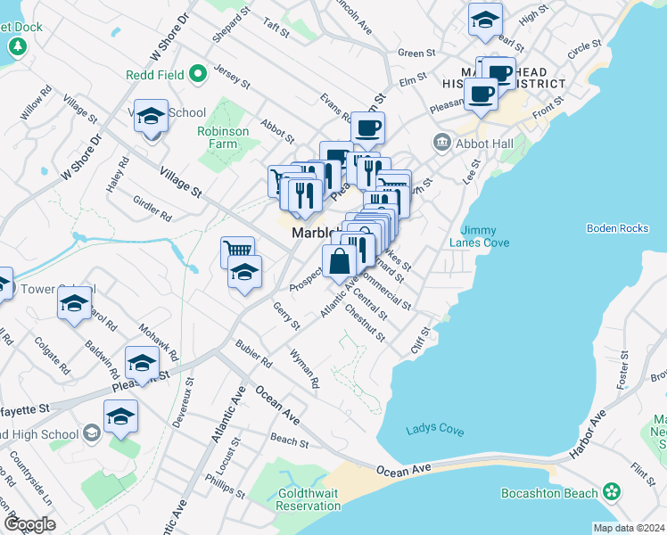 map of restaurants, bars, coffee shops, grocery stores, and more near 59 Atlantic Avenue in Marblehead