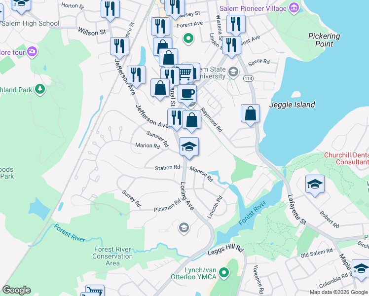 map of restaurants, bars, coffee shops, grocery stores, and more near 143 Loring Avenue in Salem