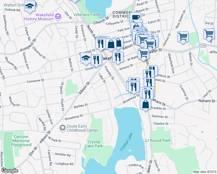 map of restaurants, bars, coffee shops, grocery stores, and more near 101 Foundry Street in Wakefield