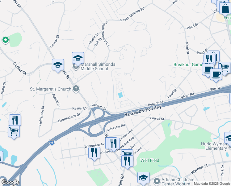 map of restaurants, bars, coffee shops, grocery stores, and more near 26 Beacon Street in Burlington