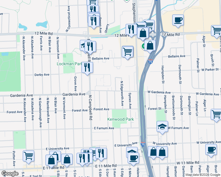 map of restaurants, bars, coffee shops, grocery stores, and more near 917 North Dorchester Avenue in Royal Oak
