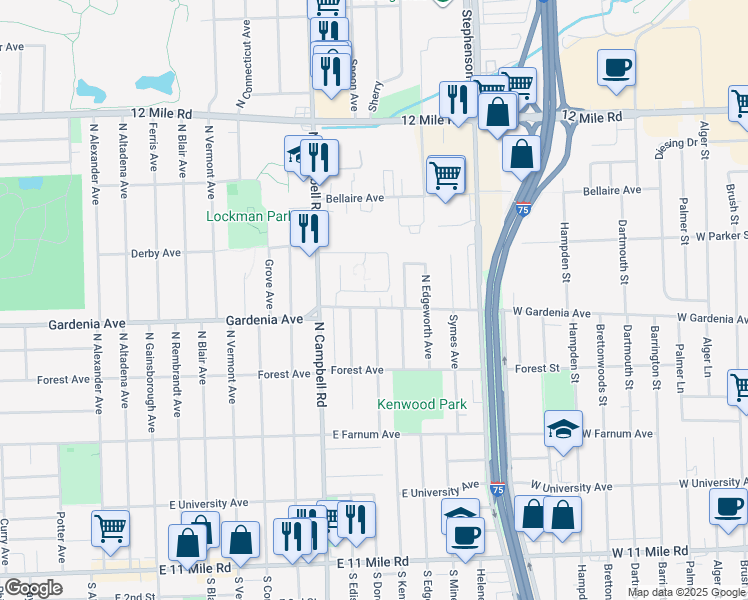 map of restaurants, bars, coffee shops, grocery stores, and more near 917 North Dorchester Avenue in Royal Oak